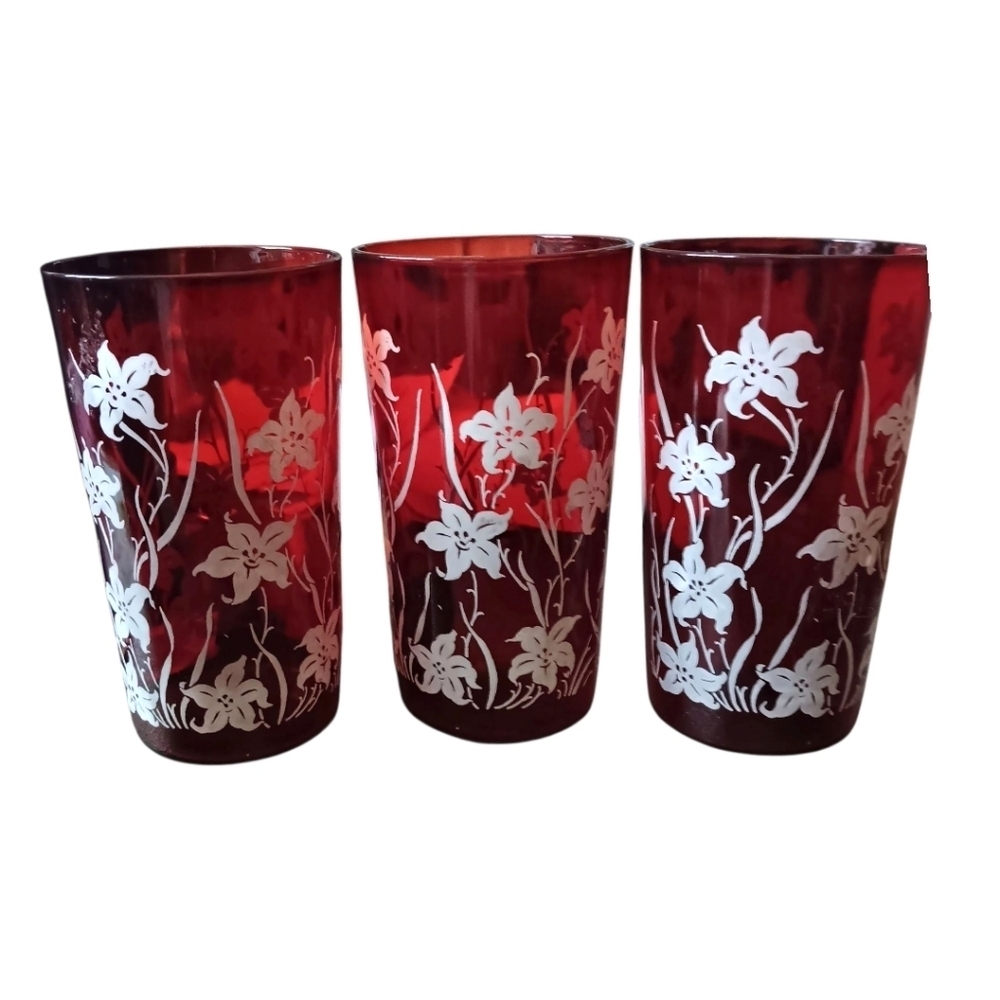 Vintage Red Glasses W Off-white Floral